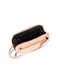 Portafoglio in pelle rosa con chiusura a zip, dotato di diversi scomparti per carte e una fodera nera. Tasca esterna con chiusura a scatto.