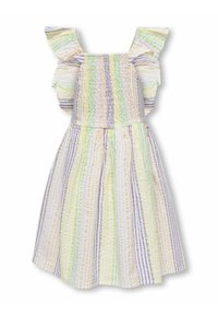 Geplooide jurk met gerimpelde mouwen. Heeft verticale strepen in pastelkleuren groen, geel en paars. Lichtgewicht stof, uitlopende rok.