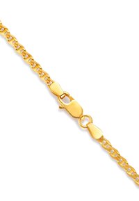 Gold chain bracelet with interlocking links, featuring a lobster clasp. Smooth texture and uniform shine, highlighting its metallic finish.