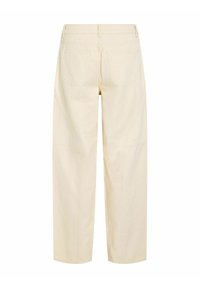 Pantalon droit couleur crème avec poches arrière et passants de ceinture, vu de dos sur un fond blanc.