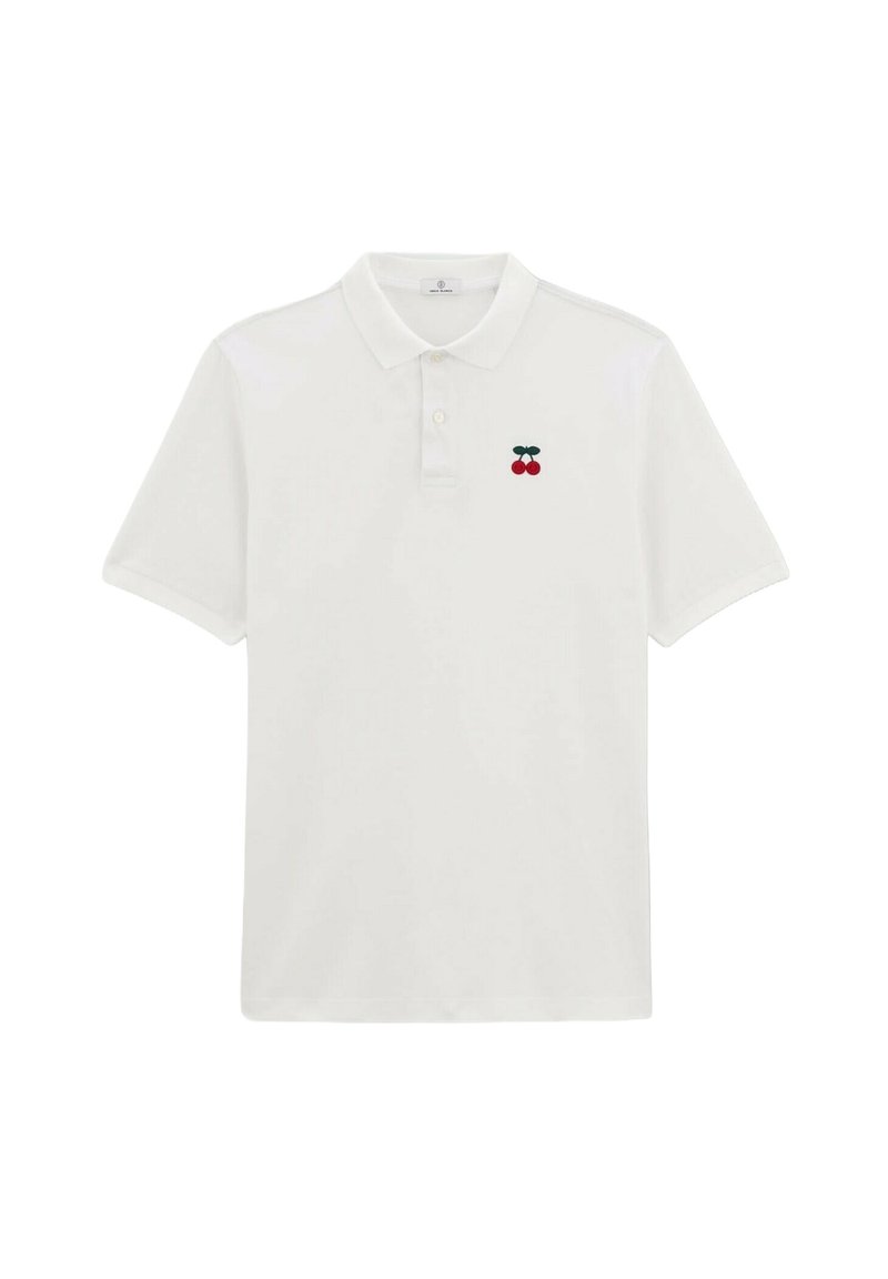 Witte polo-shirt van katoen, met een kraag met twee knopen, korte mouwen en een rood-groen kerslogo op de linkerborst.