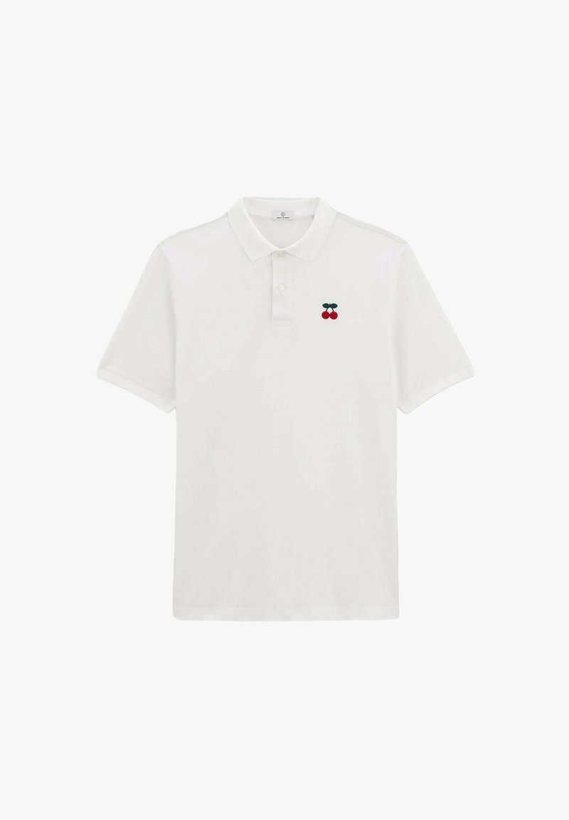 Witte polo-shirt van katoen, met een kraag met twee knopen, korte mouwen en een rood-groen kerslogo op de linkerborst.