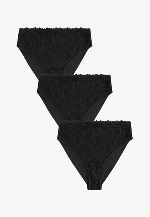 Drie zwarte damesbikinislipjes met kantpatroon verticaal gestapeld op een witte achtergrond.