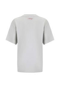 Light gray short-sleeved T-shirt with a crew neck and a subtle red embroidered logo on the back, featuring a smooth, soft texture.