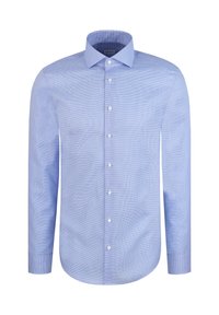 Chemise habillée pour homme bleu clair avec un motif à petits carreaux, manches longues et boutons blancs sur le devant.