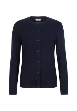Cardigan bleu marine en tissu doux, avec un col rond, des manches longues et six boutons sur le devant.