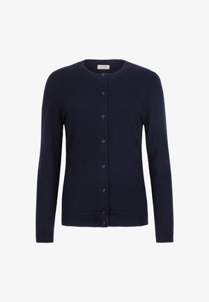 Marineblauwe cardigan gemaakt van zachte stof, met een ronde hals, lange mouwen en zes knoopsluitingen aan de voorkant.