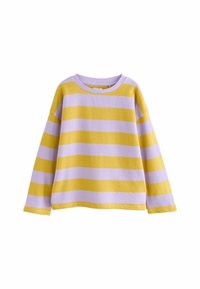 Pull en maille à manches longues avec de larges rayures horizontales en jaune moutarde et lavande clair, col rond et coupe décontractée.