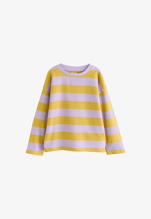Maglione a maniche lunghe in maglia con ampie righe orizzontali in giallo senape e lavanda chiara, colletto tondo e vestibilità rilassata.