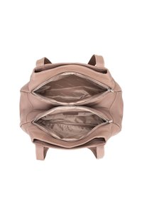 Borsa in pelle rosa con due ampi scomparti, chiusure con zip e fodera interna morbida. Presenta manici robusti e un design minimalista.