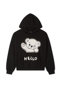 Felpa nera con grafica di un orsetto cartone in peluche e la parola "HELLO" in bianco nella parte frontale. Polsini e orlo a coste.