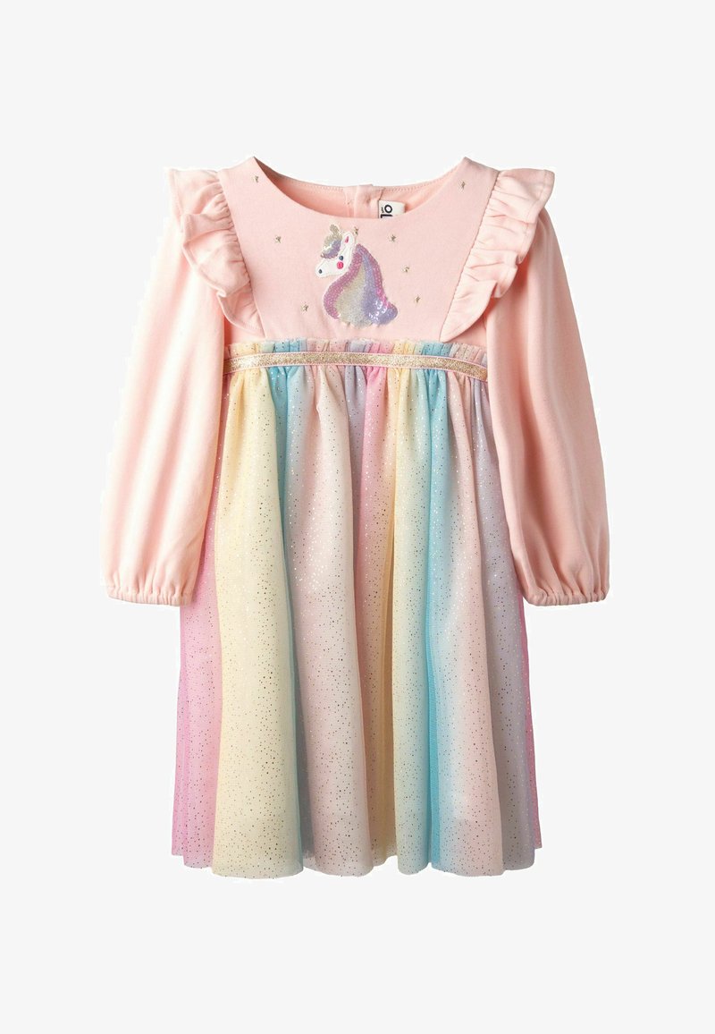 Roze jurk met ruches aan de mouwen, voorzien van een eenhoorn paillettenapplicatie en een tule rok met een verloop in pasteltinten met glitters.