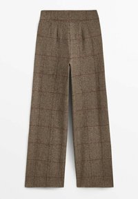 Pantalon large à carreaux marron avec taille haute et motif discret à carreaux rouges, présenté à plat sur fond blanc.