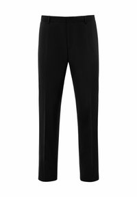 Zwarte broek van gladde stof met een recht model. Voorzien van een tailleband met riemlussen en een platte voorkant.
