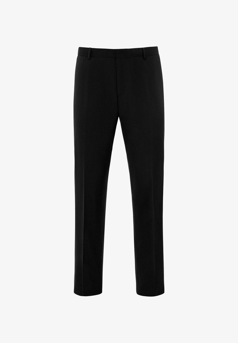 Pantalons noirs en tissu lisse avec une coupe droite. Présentent une taille avec passants de ceinture et un devant plat.