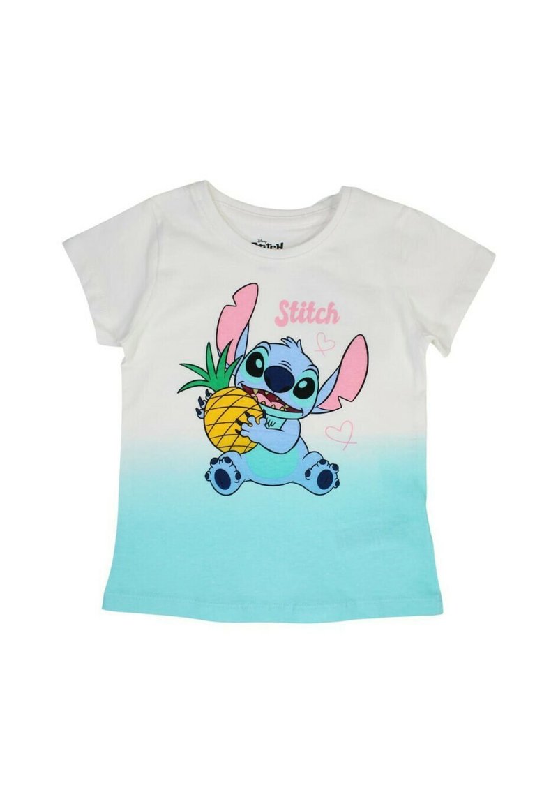 T-shirt en coton blanc à manches courtes, avec un dégradé turquoise et un personnage de dessin animé tenant un ananas. Texte "Stitch" en rose.
