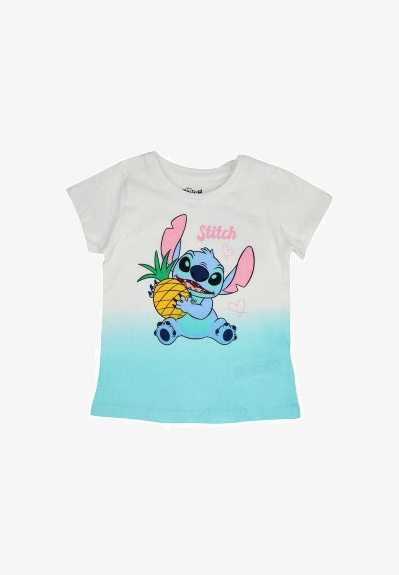 T-shirt en coton blanc à manches courtes, avec un dégradé turquoise et un personnage de dessin animé tenant un ananas. Texte "Stitch" en rose.