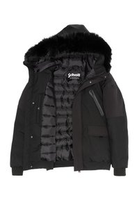 Chaqueta de invierno negra con capucha forrada de piel negra, forro interno acolchado, cierres de cremallera y broches, y logo de Schott en el interior.