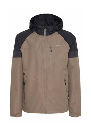 Lightweight brown and black hooded jacket, featuring a zipper, two side pockets, and a chest pocket, with contrasting panel design and fabric texture.