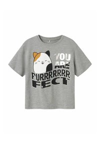 Graues Baumwoll-T-Shirt mit kurzen Ärmeln, das ein Cartoon-Katzenmotiv und den auffälligen Text "DU BIST PURRRRRR FECT" in Schwarz und metallischen Akzenten zeigt.