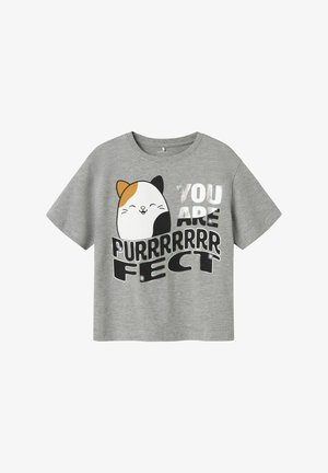 Gray cotton T-shirt with short sleeves featuring a cartoon cat design and bold text "YOU ARE PURRRRRR FECT" in black and metallic accents.