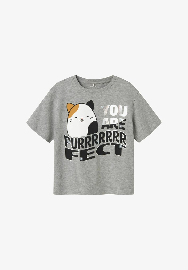Grå bomulds T-shirt med korte ærmer, der har et tegneserieagtigt katte-design og fed tekst "DU ER PURRRRRR FANTASTISK" i sort og metalliske accenter.