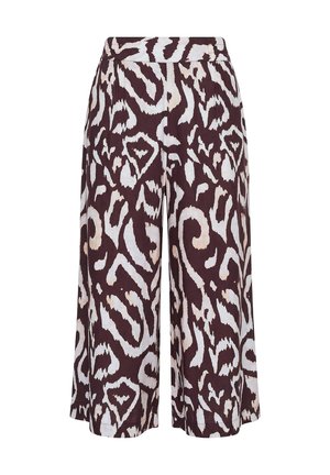 Bukser med vidde i benene, cropped, med høj talje og abstrakt dyreprint i mørkebrune og hvide nuancer.