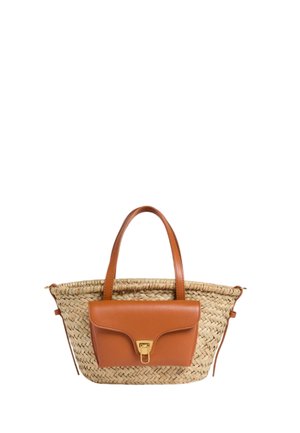 Borsa a mano in paglia intrecciata con due manici in pelle e una tasca frontale con patta in pelle e chiusura dorata.