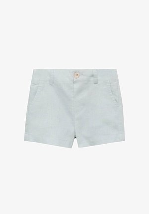 Shorts de culoare albastru deschis, realizate dintr-un material cu o textură netedă, având închidere cu nasture și două buzunare frontale. Design simplu, cu tăietură dreaptă.