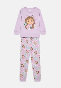 Purple long-sleeve pajama set featuring a character graphic on the top and patterned pants with cats and cartoon faces in similar colors.