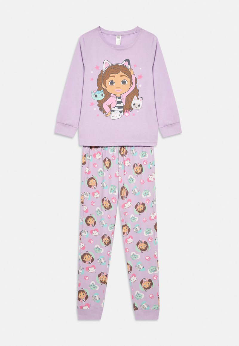 Purple long-sleeve pajama set featuring a character graphic on the top and patterned pants with cats and cartoon faces in similar colors.