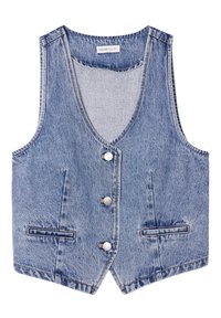 Veste en denim bleu clair avec un col en V, cinq boutons à l'avant et deux poches. Présente une finition lisse et texturée ainsi que des coutures visibles.