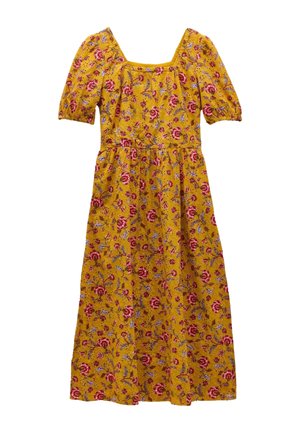 Yellow floral dress with short puff sleeves, square neckline, and a fitted bodice, featuring red and blue flower patterns throughout.
