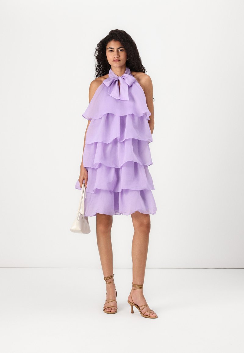 strapless open back dress Tiered Spaghetti Straps Purple Prom Dress With Slit