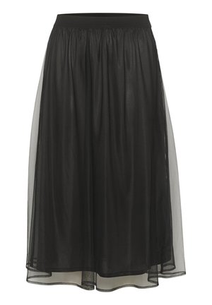 Melna svārku izraudzīšana ar caurspīdīgu pārklājumu, elastīgu jostasvietu, potītes garumu, oderētu iekšpusi un plūstošu dizainu, kas ietver vieglu audumu un mīkstu tekstūru.