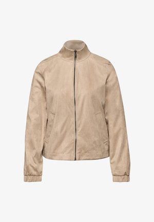 Beige ruskindjakke med ståkrave, frontlynlås og elastiske manchetter. Har sidelommer og en glat tekstur.