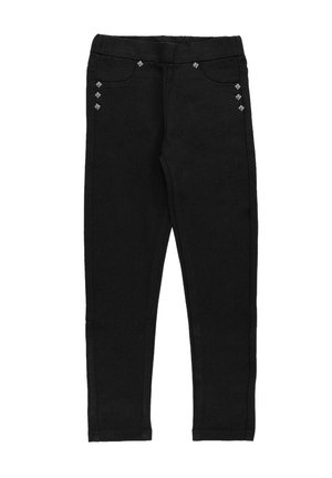 Leggings neri in tessuto elasticizzato, con decorativi strass argentati vicino alle tasche, dal design slim-fit e senza cuciture visibili.