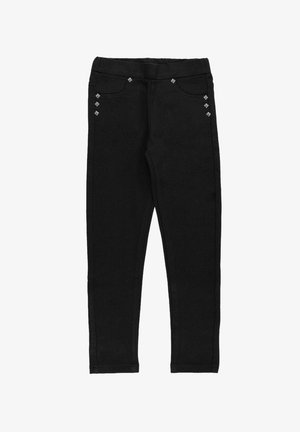 Leggings neri in tessuto elasticizzato, con decorativi strass argentati vicino alle tasche, dal design slim-fit e senza cuciture visibili.