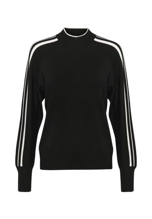 Suéter negro con un cuello alto, mangas largas y franjas blancas a lo largo de los hombros. Material de punto suave y puños acanalados.