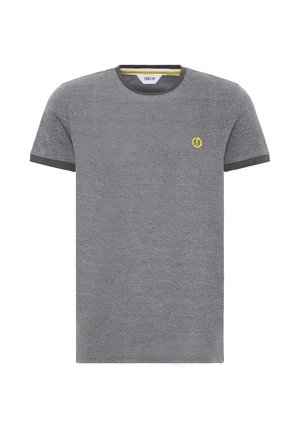 Gray short-sleeve t-shirt with dark gray collar and sleeve trims. Features a small yellow logo on the front left chest. Cotton blend material.