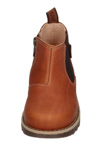 Brown leather ankle boot with elastic side panels, a rounded toe, and a stitched sole with a textured finish. Features a pull tab at the back.