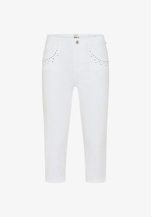 Witte cropped slim-fit broek met voorzakken, riemlussen, knoopsluiting en kleine metalen studs bij de zakken.