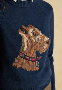 Tumes kudumine, millel on detailne tikitud koera pea, millel on tekstureeritud karv ja tartaani kaelarätt. Ümmargune soonikkoes kaelus ja varrukate ääred.