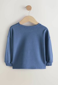 Niebieska bluza z długim rękawem, wykonana z miękkiego materiału, o luźnym kroju, z prążkowanym dekoltem i mankietami, wisząca na drewnianym wieszaku.