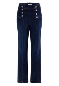 Mørkeblå højtaljede denimbukser med seks sølvknapper arrangeret i to vertikale rækker nær taljen, lige ben-skæring.