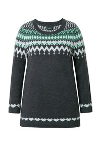 Maglione grigio scuro a maniche lunghe, con un design a yoke a motivi verdi, bianchi e neri. Orlo e polsini a coste, texture morbida.