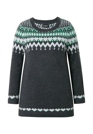 Tmavě šedý svetr s dlouhými rukávy, který má vzorovanou yoke (hruď) design v zelené, bílé a černé barvě. Žebrovaný lem a manžety, měkká textura.