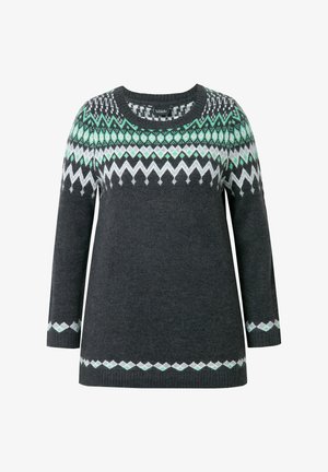 Ciemnoszary sweter z długimi rękawami, z zielonym, białym i czarnym wzorem w okolicy dekoltu. Rybaczane mankiety i dół, miękka faktura.