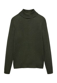 Grüner Strickpullover mit hohem Rollkragen, langen Ärmeln und einem strukturierten, gewebten Muster für zusätzliche Details.