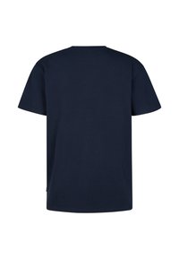 T-shirt bleu marine à manches courtes avec une texture gaufrée. Col rond, coupe régulière, sans logos ni motifs visibles.